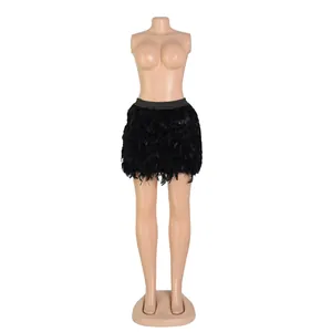 Elegant black turkey feather mini skirt on mannequin for sexy party and evening wear fashion