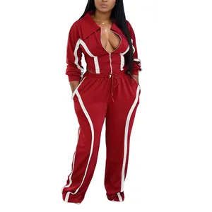Two-piece red sports tracksuit with white stripe details for women's autumn wear