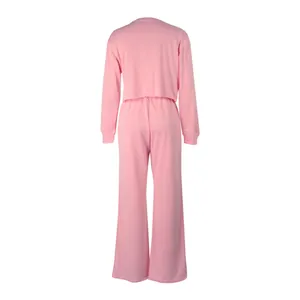 Back view of pink thick two-piece sweatshirt and pants lounge set for women