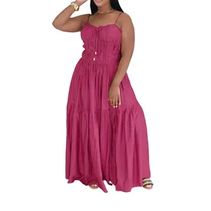 Elegant dark pink Bohemian tiered maxi dress with ruched waist and adjustable straps
