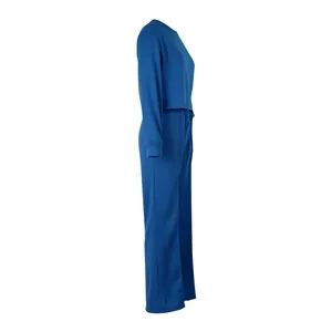 Side profile of women's thick blue two-piece casual sweatshirt and pants tracksuit set