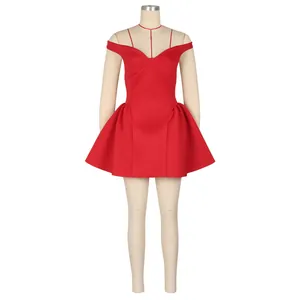Detailed close-up of a red sexy V-neck puffy mini dress for party and nightclub events