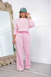 Full body view of a pink two-piece tracksuit with cropped sweatshirt and wide-leg pants