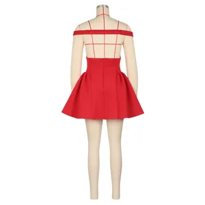 Back view detail of sexy red off-shoulder puffy short dress for party nightclub