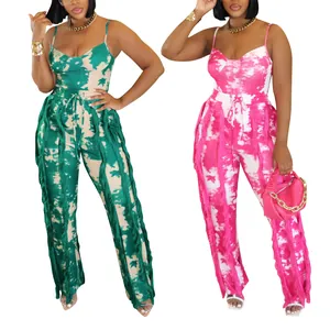 Women Tie Dye Print Fringe Two Piece Set Summer Sleeveless Cami Top And Wide Leg Pants Set Boho Vacation Beachwear Outfits