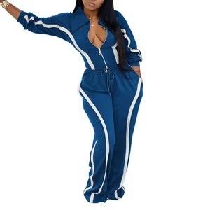 Women's royal blue two-piece cotton tracksuit set with stylish white side stripes