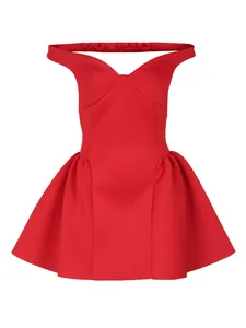 Detailed view of red off-the-shoulder puffy mini dress with structured waist and V-neckline