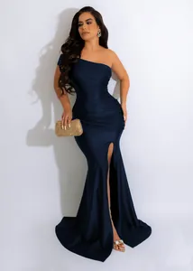 Full-length view of an elegant navy blue one-shoulder evening gown with high slit detail.