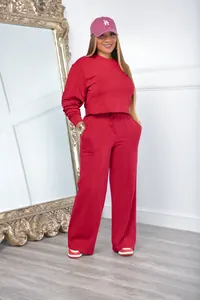 Comfortable two-piece red sweatshirt and wide-leg sweatpants sports set for women