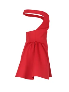 Side view of a sexy red one-shoulder mini dress with a flared puffy skirt for parties.