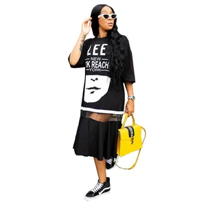 Women's Plus Size Printed Mesh Patchwork Dress Portrait Letter Print Short Sleeve T-Shirt Maxi Dress Top And Bottom Casual Streetwear