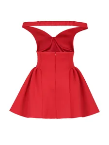 Detailed back view of a vibrant red off-shoulder puffy mini dress for party events