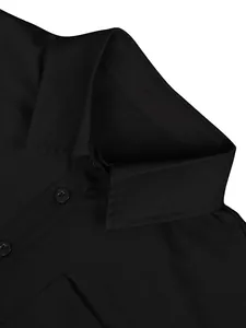 Close-up detail of a black button-down shirt collar with professional stitching