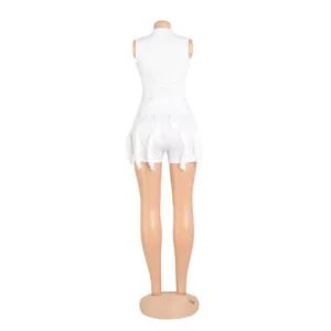 Back view of white sleeveless vest and tassel shorts two-piece set on mannequin