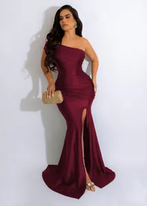 Elegant burgundy one-shoulder mermaid evening gown with high slit and ruched detail
