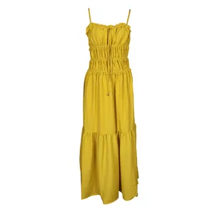 Detailed close-up of a bohemian yellow tiered maxi dress featuring a ruffled smocked bodice