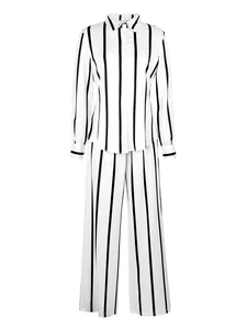 Elegant black and white vertical striped long-sleeve shirt and wide-leg pants set