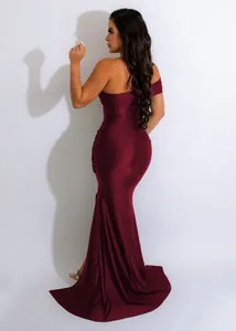 Elegant burgundy off-the-shoulder mermaid evening gown with a floor-length train