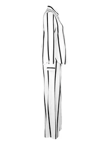 Side profile view of women's elegant black and white vertical striped shirt and pants set