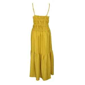 Detailed back view of yellow bohemian tiered maxi dress with smocked bodice design.