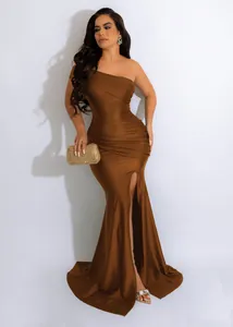Elegant brown one-shoulder evening gown featuring ruched detail and a sexy high leg slit
