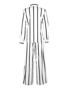 Back view of women's elegant white and black vertical striped shirt and pants set
