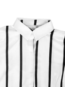 Detail view of the classic collar and striped pattern on this white long sleeve shirt