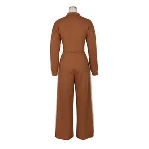 Back view of brown cotton athletic two-piece set with jacket and wide-leg pants
