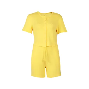 Set relax da donna giallo due pezzi con maglia a maniche corte e pantaloncini con cordino