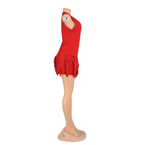 Detailed side view of a red two-piece summer set featuring a tank top and tassel fringe shorts