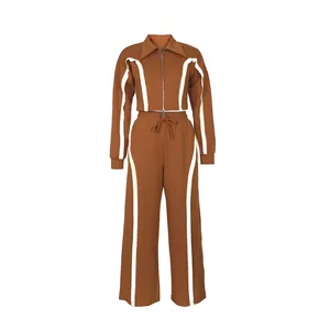 Full front view of brown and white two-piece cotton tracksuit set with zip jacket