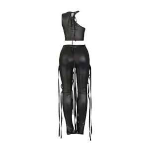 Completo sexy due pezzi in finta pelle nera con crop top e leggings lunghi per abbigliamento club