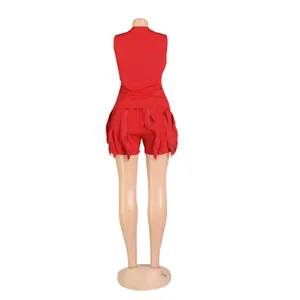 Back view of a stylish red two-piece summer set with sleeveless top and fringe shorts