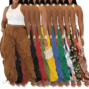 Multi-color collection of women's pleated wide-leg casual trousers with elastic drawstring waist