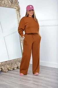 Two-piece terracotta sweatshirt and wide-leg sweatpants set with drawstring waist for women