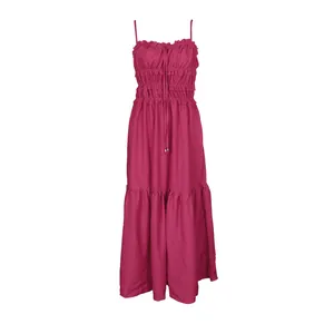 Detailed view of the magenta bohemian tiered maxi dress with ruched bodice