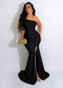 Elegant black one-shoulder evening gown with high side slit and pleated waist detail