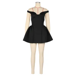 Sexy black off-the-shoulder puffy mini dress with V-neck displayed on a mannequin