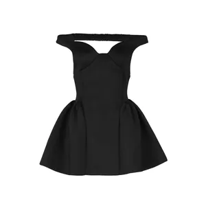 Elegant black off-the-shoulder v-neck mini dress with a voluminous puffy skirt for party events