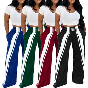 Pantalon Large à Taille Haute pour Femmes Patchwork Décontracté Bande Latérale Ample Bas Sportif