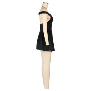 Side view of black off-the-shoulder mini dress showing its sleek profile and fit