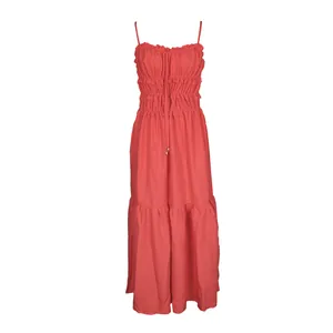 Detailed view of the vibrant red bohemian tiered maxi summer dress with ruffled bodice