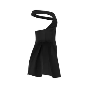 Elegant side view of a black one-shoulder puffy cocktail dress for evening parties