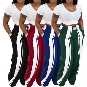 Pantalon de jogging femme à taille haute et jambes larges avec rayures.
