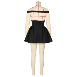 Back view of a black off-the-shoulder puffy mini dress for party and clubwear.