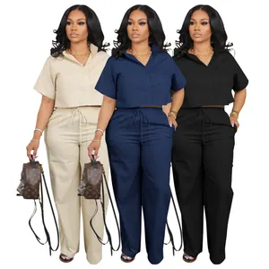 Casual linen two-piece set featuring short sleeve shirt and matching trousers in three colors