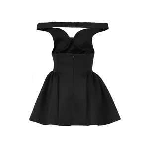 Back view of a sexy black puffy mini dress with v-neck for party nightclub wear