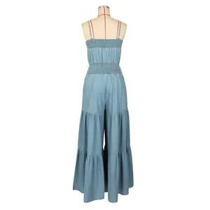 Rear view of a light blue denim sleeveless jumpsuit with elastic back and wide legs