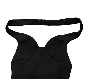 Close-up detail of sexy V-neck and elastic halter strap on a black party dress.