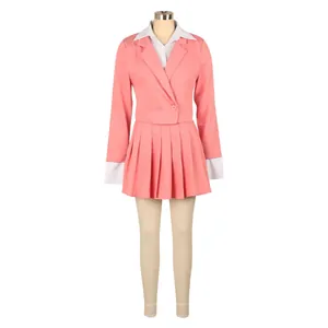 Front detail of women's pink cropped blazer and pleated mini skirt set on mannequin
